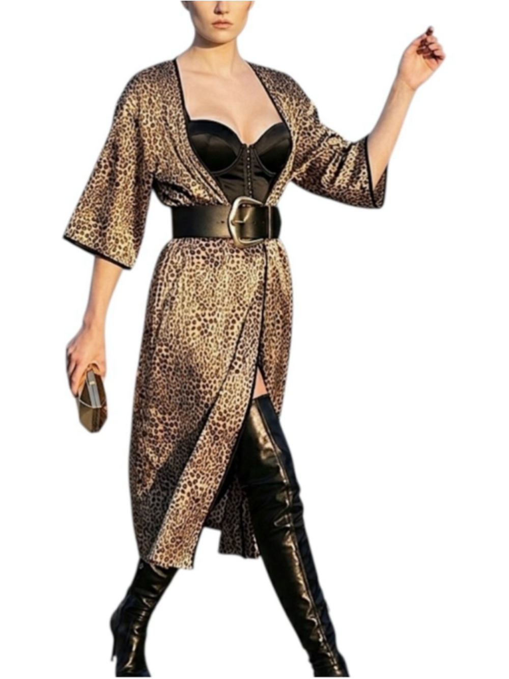Vintage 90s Natori leopard animal print half sleeve satin robe duster kimono M